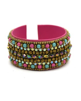 Glass Rainbow Multed Seed Bead Leather Cuff
